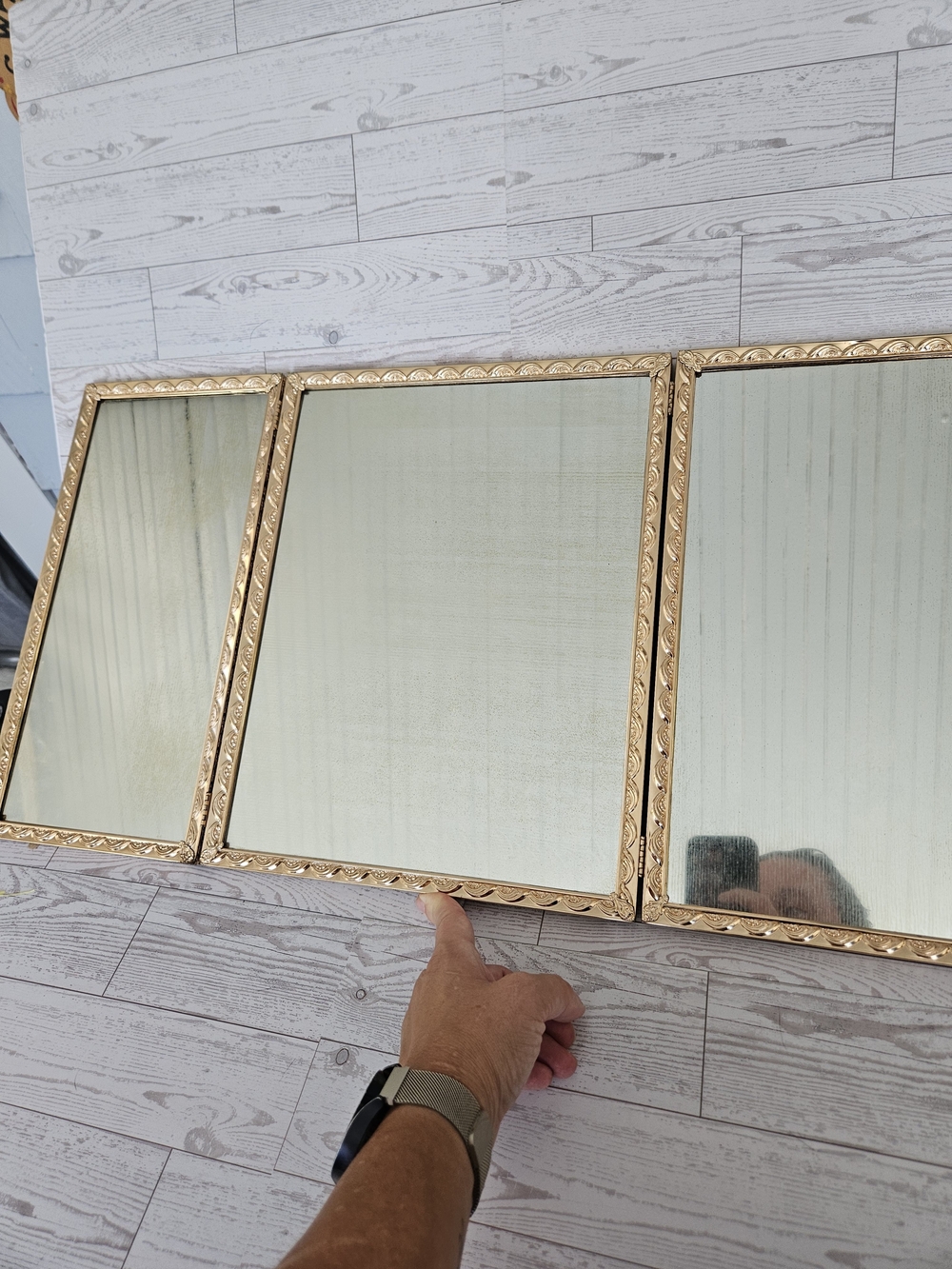Vintage Tri-Fold Vanity Mirror with Ornate Gold Frame